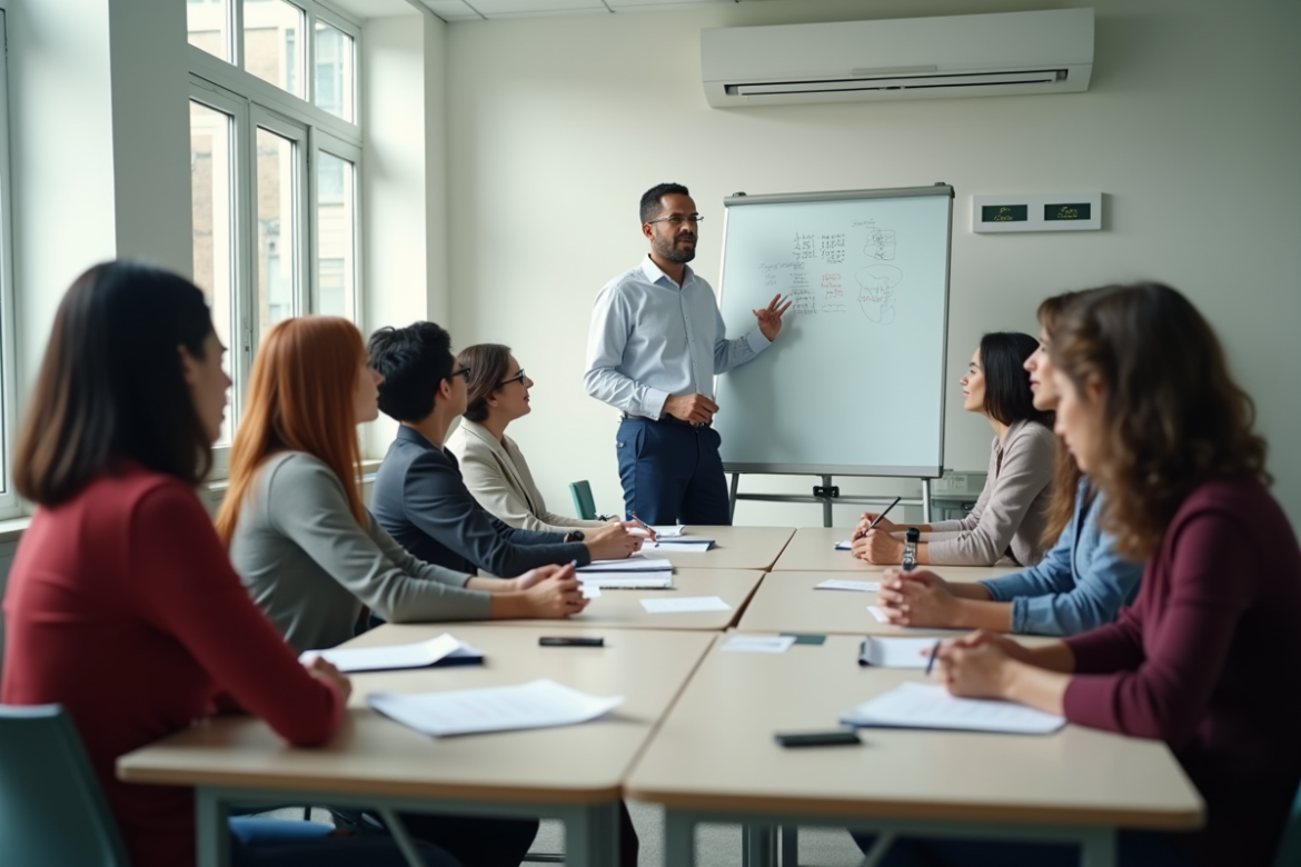 Groupe divers d'adultes en formation en classe lumineuse