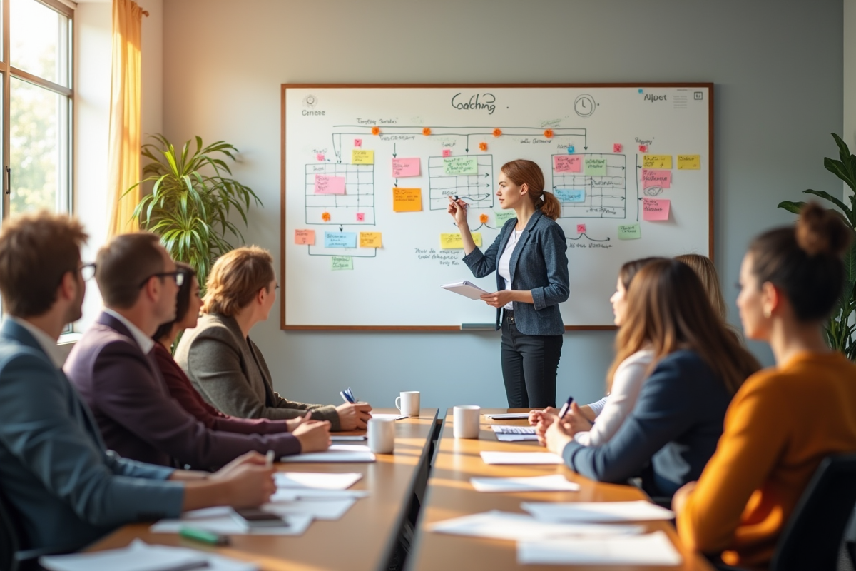 Groupe diversifié en réunion avec tableau blanc coloré
