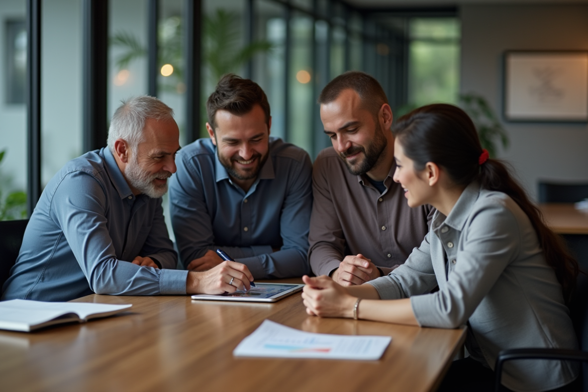 Groupe de collègues en réunion dans un bureau moderne
