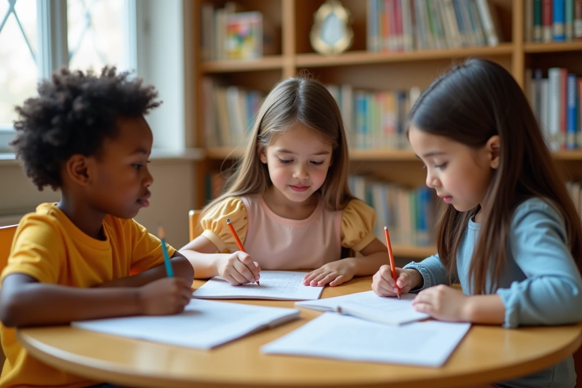 Groupe d'élèves de CE1 travaillant sur des fiches de compréhension de texte dans une bibliothèque scolaire