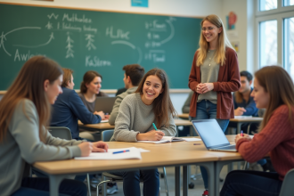 Groupe d'élèves au lycée discutant en classe moderne