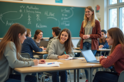 Groupe d'élèves au lycée discutant en classe moderne