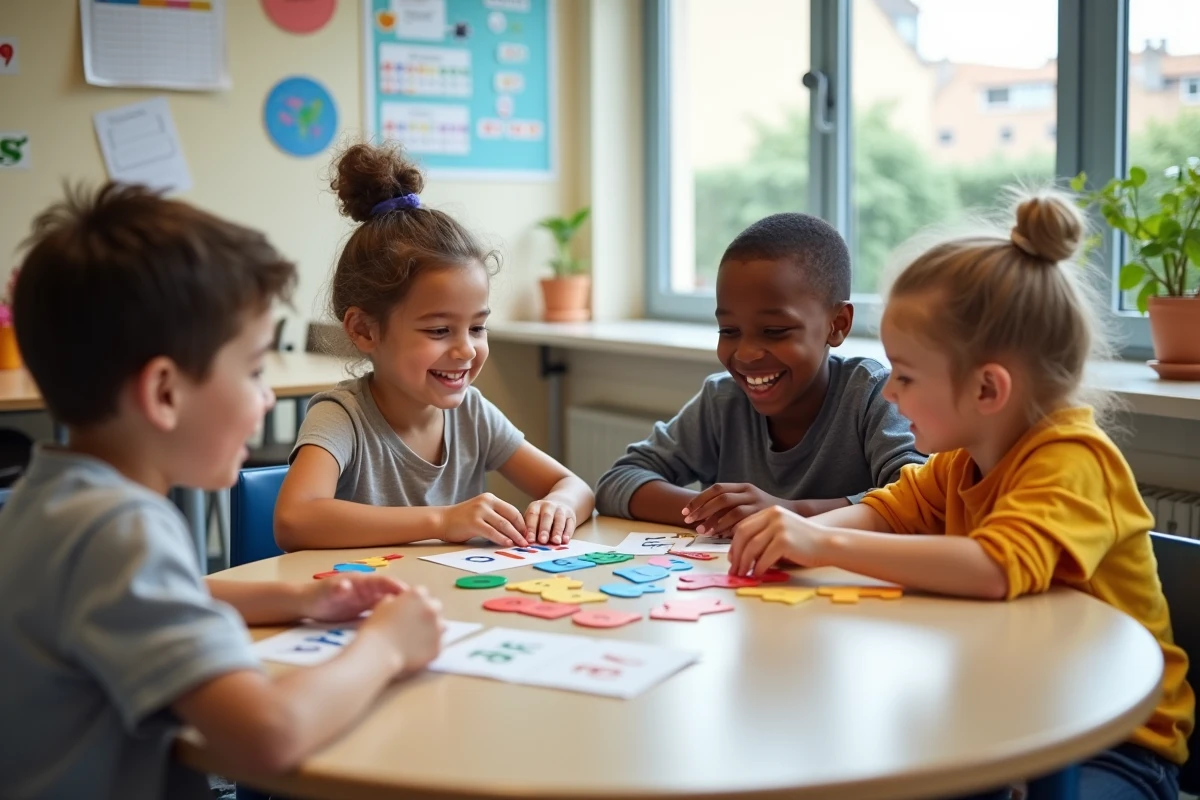 Groupe d'élèves en classe ULIS travaillant ensemble sur des activités pédagogiques adaptées aux troubles DYS