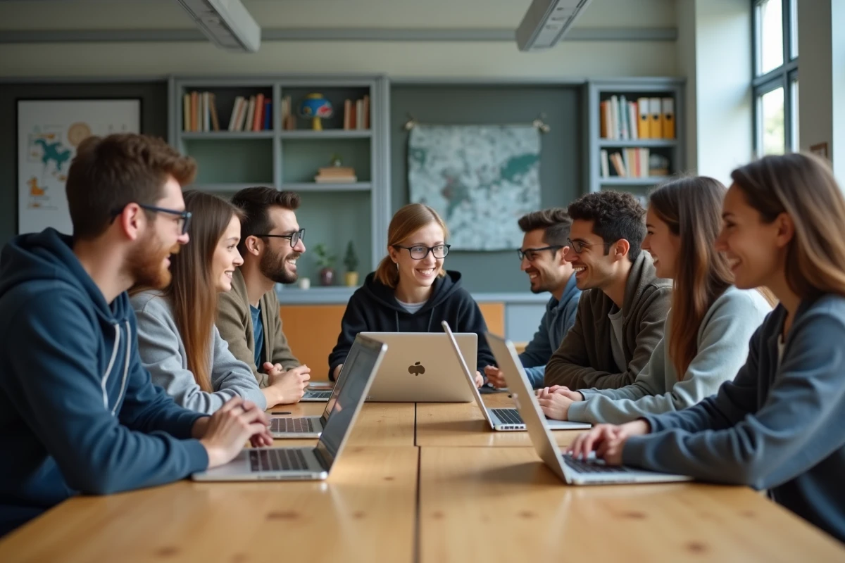 Groupe d'étudiants en discussion dans une salle moderne