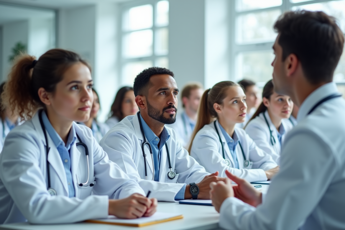 Groupe d'étudiants en médecine en classe moderne