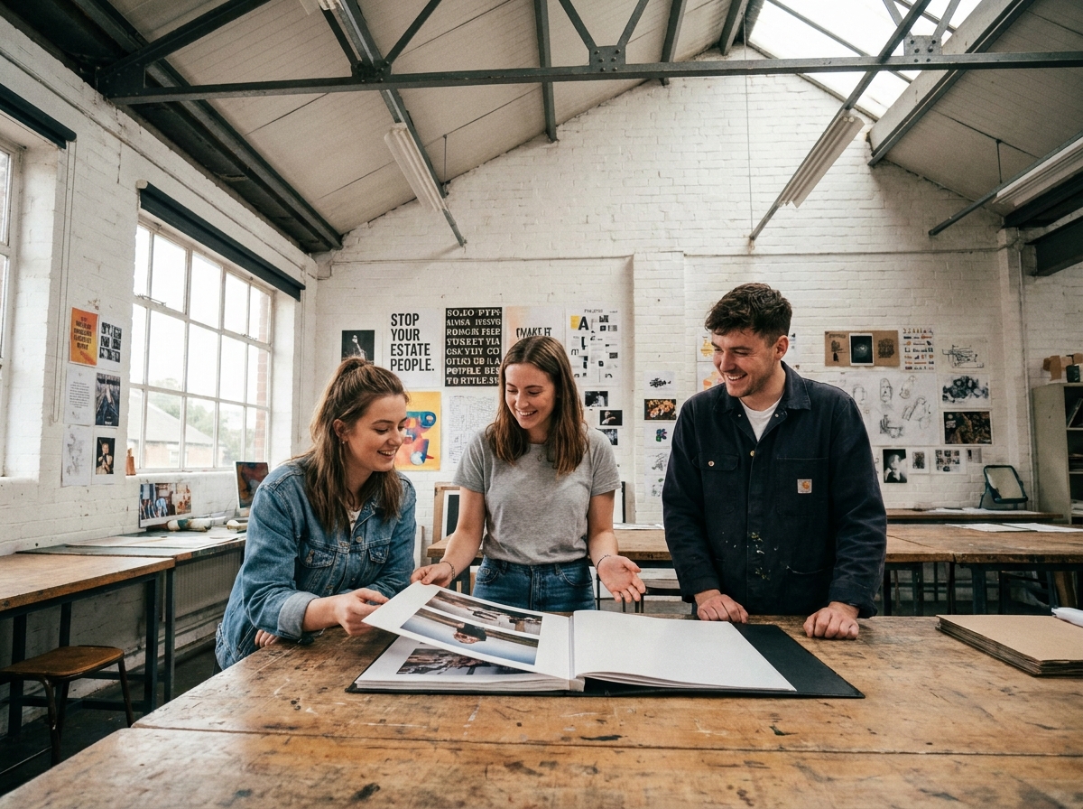Groupe d'étudiants en prépa art discutant d'un portfolio dans un atelier collectif d'école des beaux-arts