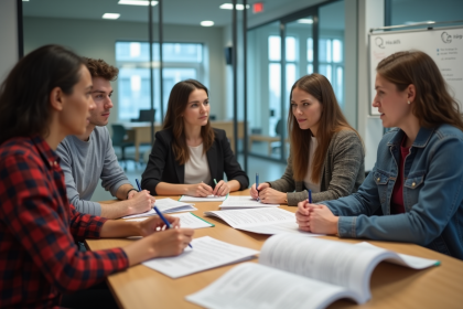 Groupe de jeunes adultes en formation santé en classe moderne