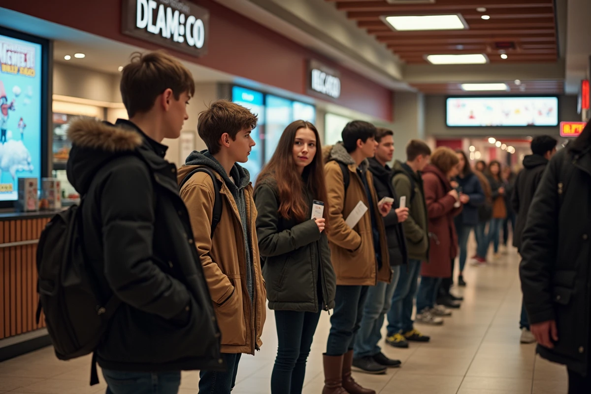 Groupe de lyceens en file au cinema en ville