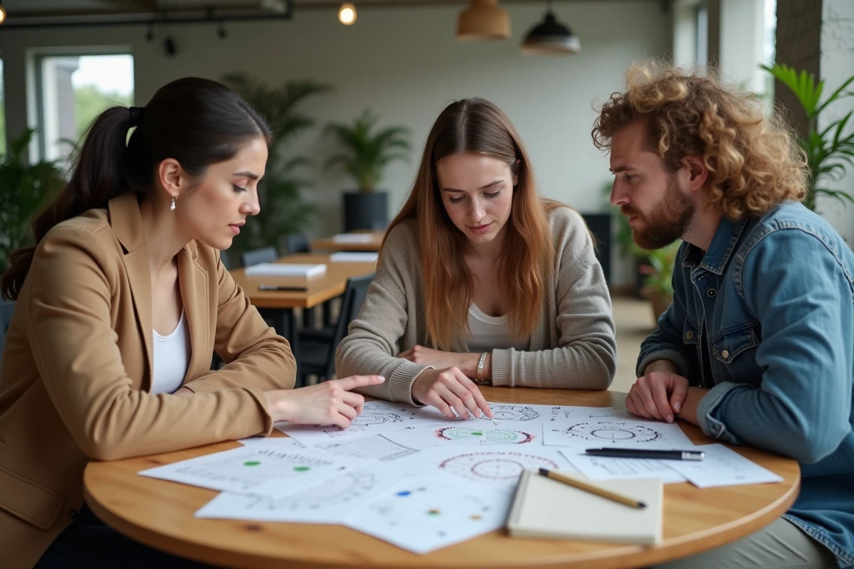 Groupe de trois adultes qui préparent ensemble des tests psychotechniques autour d'une table dans un espace de coworking