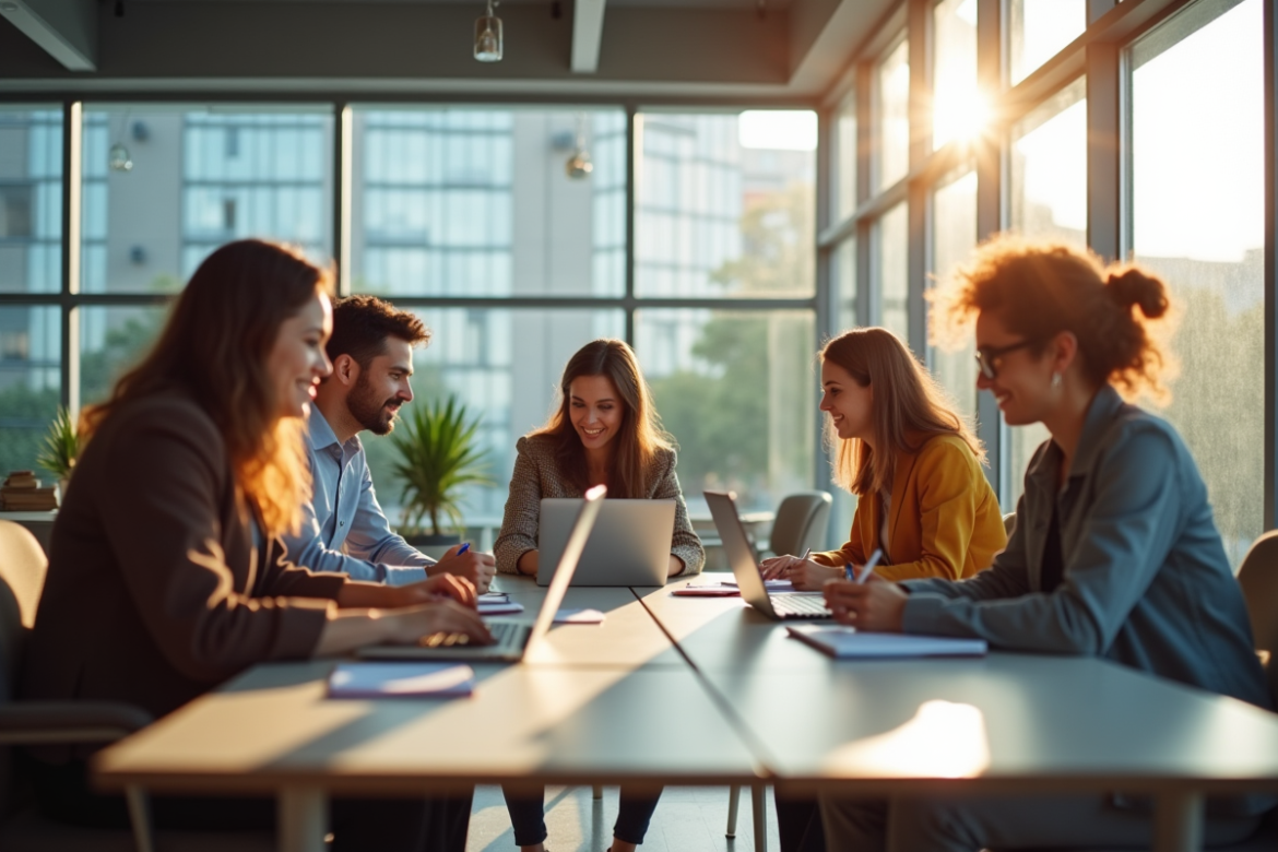 Groupe de jeunes professionnels collaborant dans un bureau lumineux