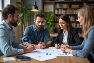 Groupe de professionnels en réunion autour de charts marketing