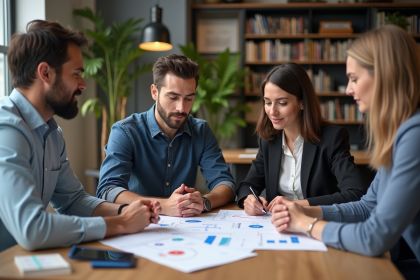 Groupe de professionnels en réunion autour de charts marketing