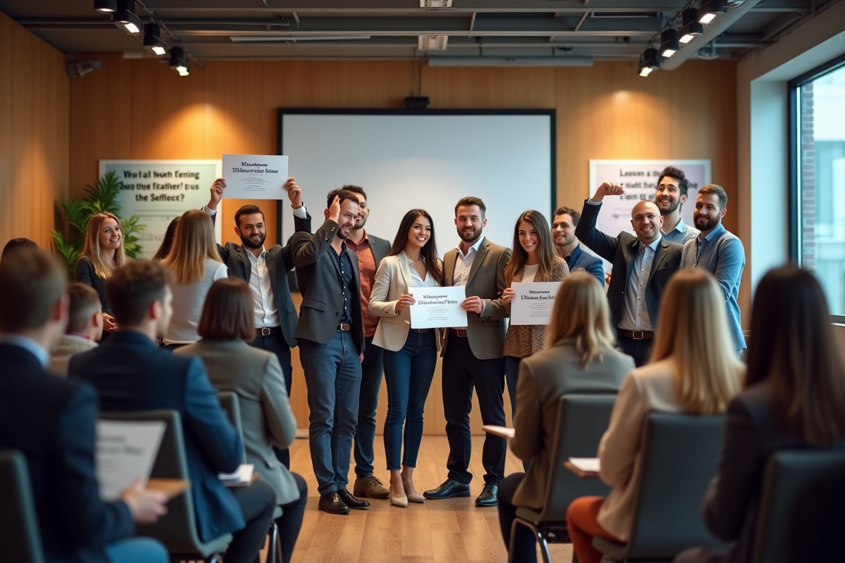 Jeunes professionnels souriants avec certificats dans une salle de formation