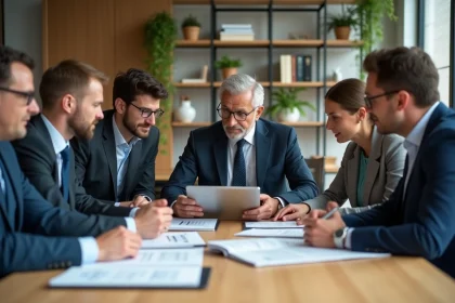 Groupe de professionnels en réunion dans un bureau moderne