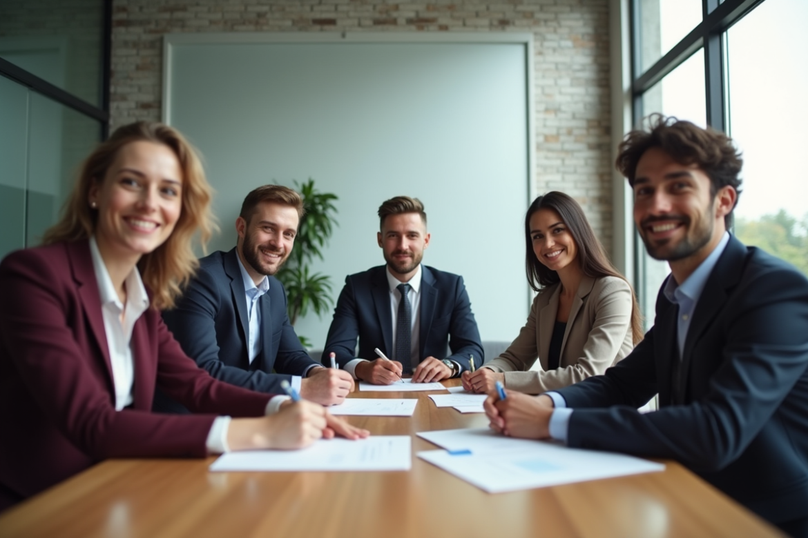 Groupe de professionnels signant des documents dans un bureau moderne