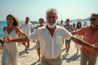 Groupe de personnes dansant le sirtaki sur une promenade méditerranéenne