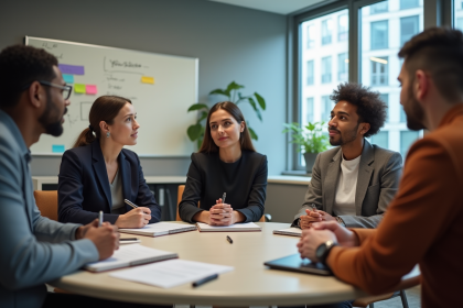 Groupe de quatre adultes en discussion dans une salle moderne