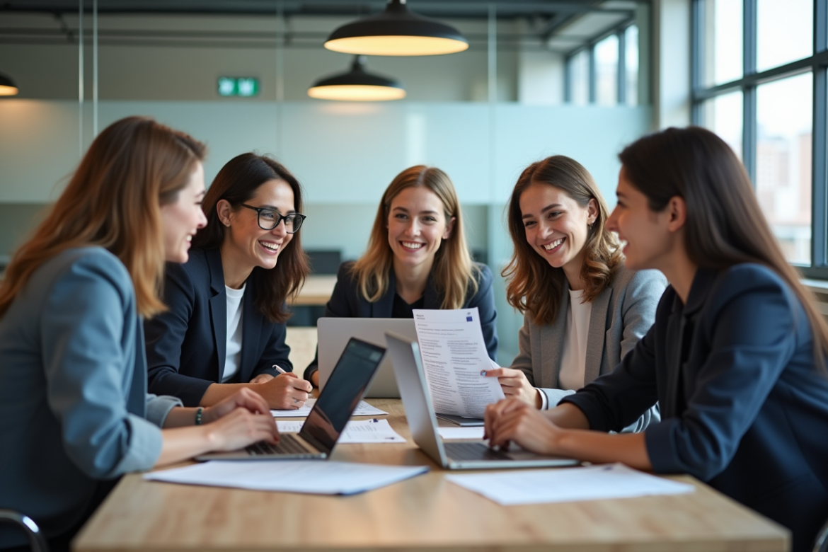 Groupe de jeunes adultes en réunion dans un bureau lumineux