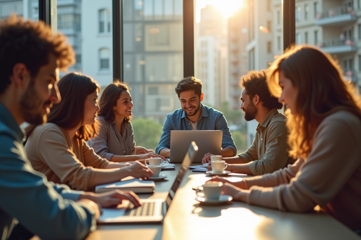 Groupe de jeunes adultes collaborant dans un bureau lumineux