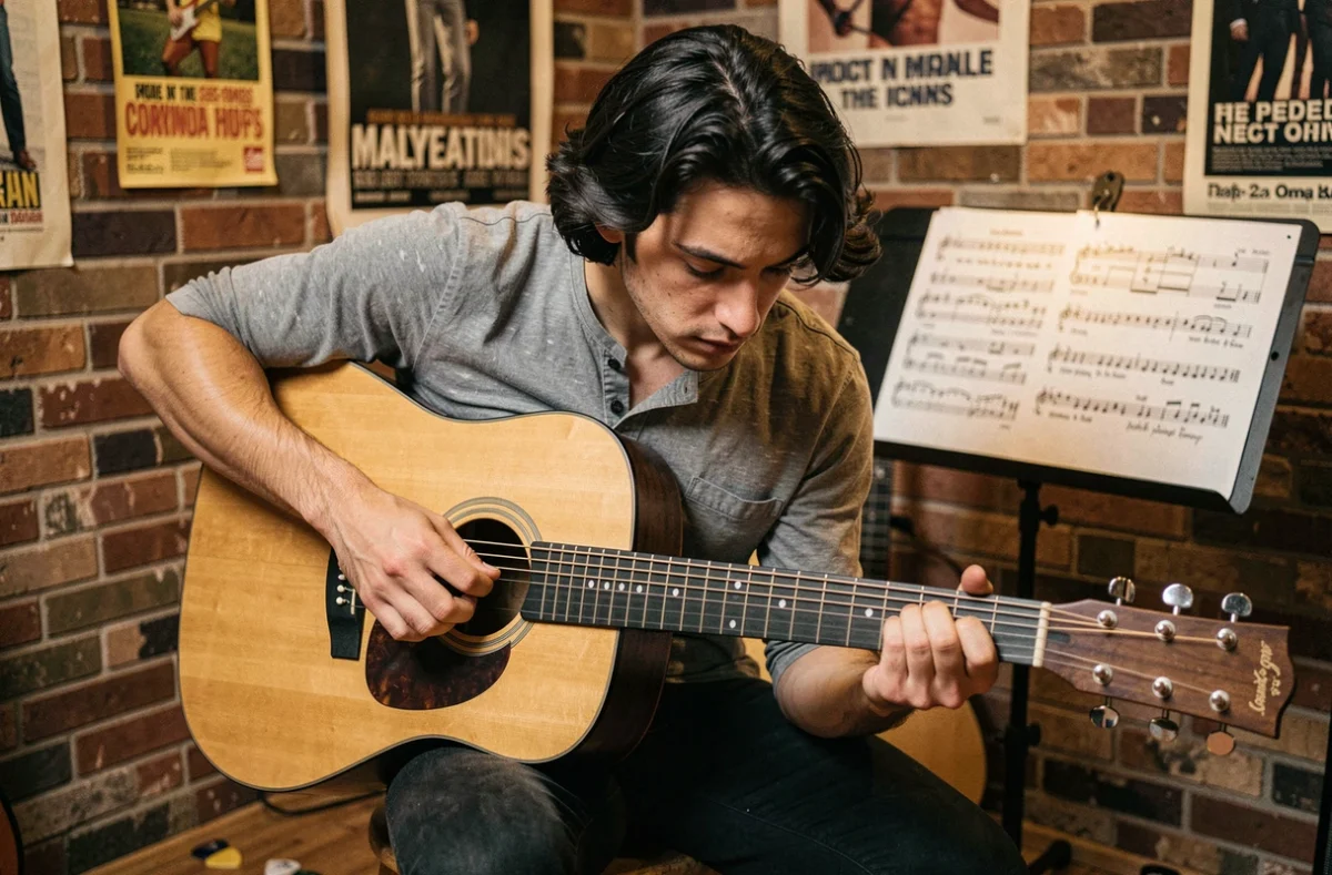 Jeune guitariste étudiant la tablature de Hallelujah de Jeff Buckley sur une guitare acoustique dans une salle de musique intimiste