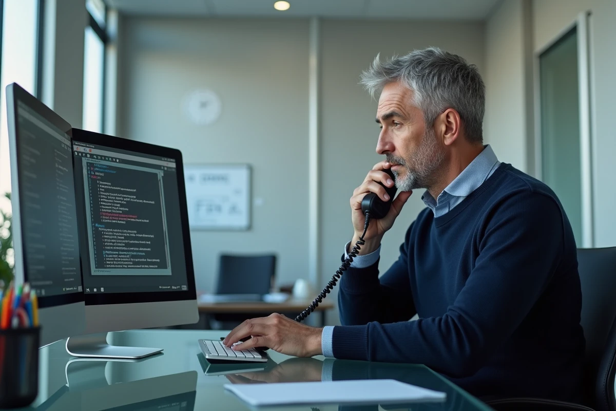 Homme au bureau prêt à appeler le support technique après un dysfonctionnement d'UBS ENT
