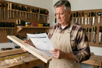 Homme adulte en tablier de bricolage étudiant un tutoriel dans un atelier domestique bien équipé