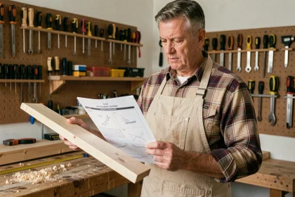 Homme adulte en tablier de bricolage étudiant un tutoriel dans un atelier domestique bien équipé