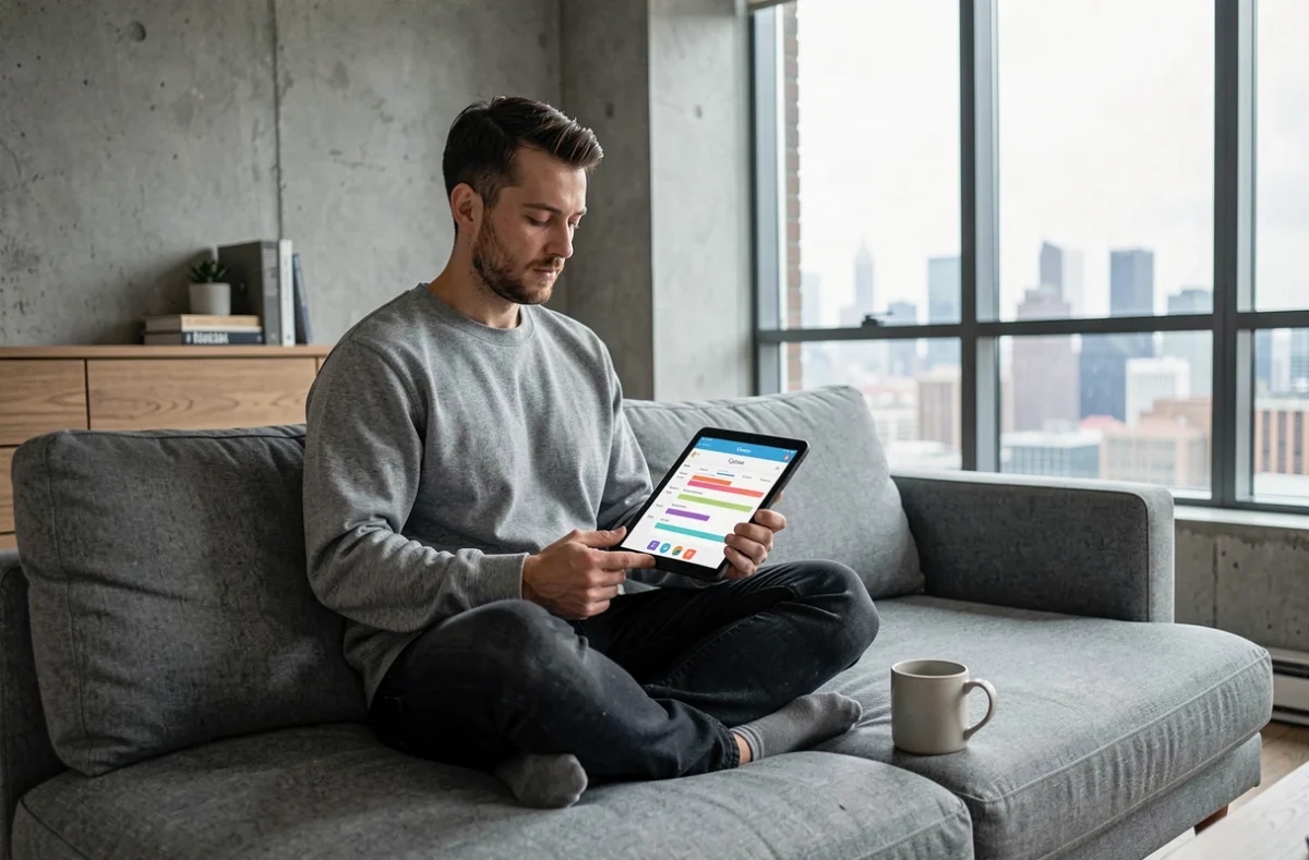 Jeune homme apprenant Canva sur tablette dans un appartement moderne pour devenir freelance créatif