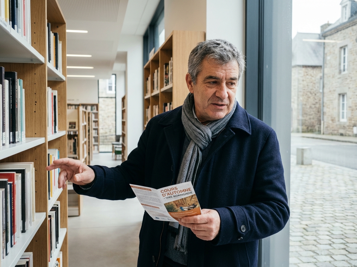 Homme lisant un brochure dans une bibliothèque locale