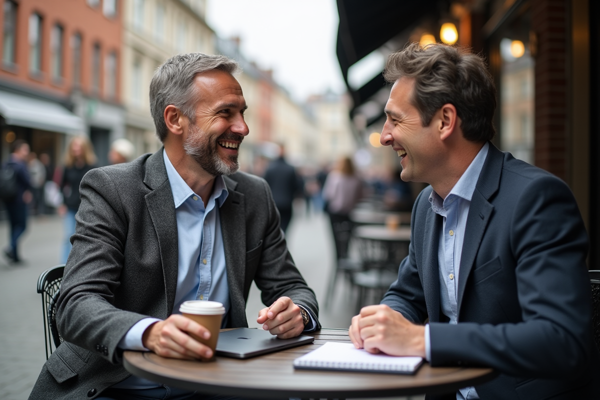 Homme discutant avec un coach dans un café en ville