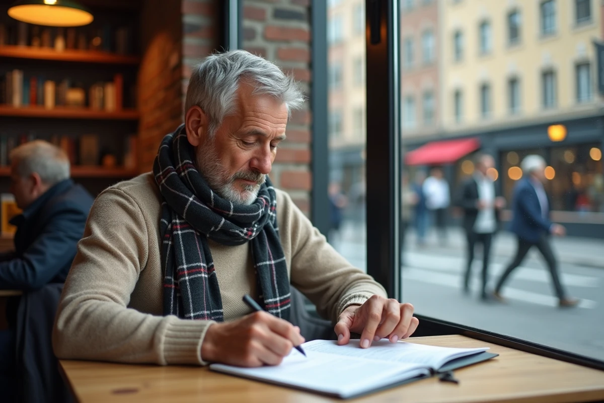 Homme pratiquant allemand dans un café urbain