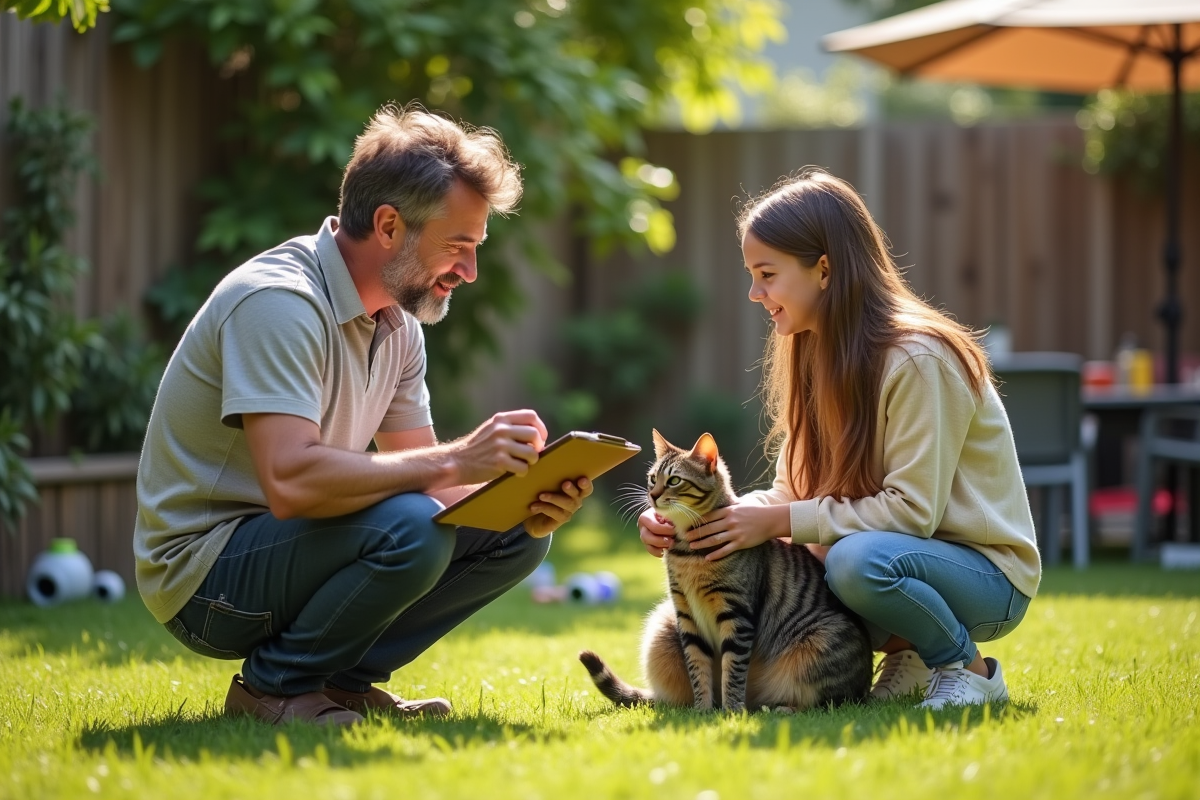 Homme et adolescente caressant un chat dans le jardin