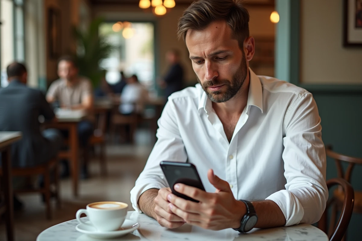 Homme consultant un cours en ligne sur smartphone dans un café parisien, apprentissage mobile sans ordinateur