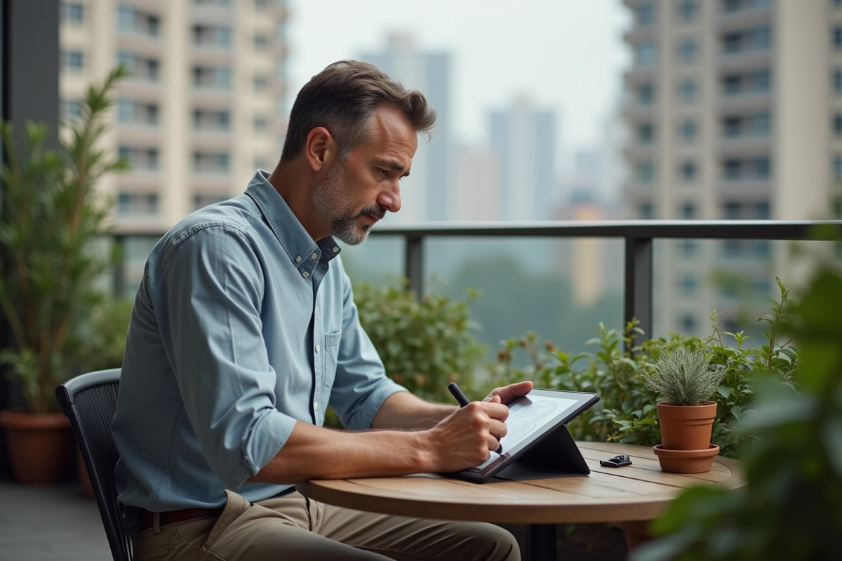Homme dessinant sur une tablette dans un balcon urbain