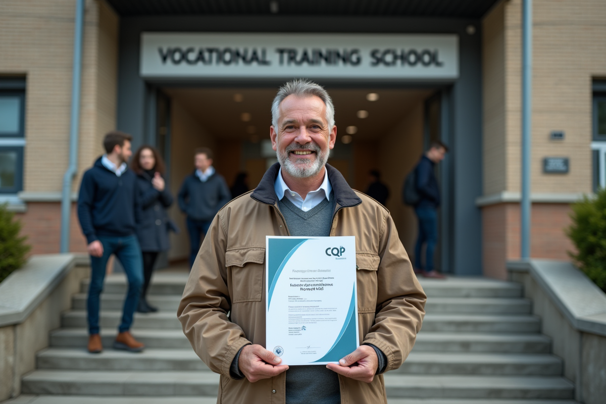 Homme avec diplôme devant une école de formation professionnelle