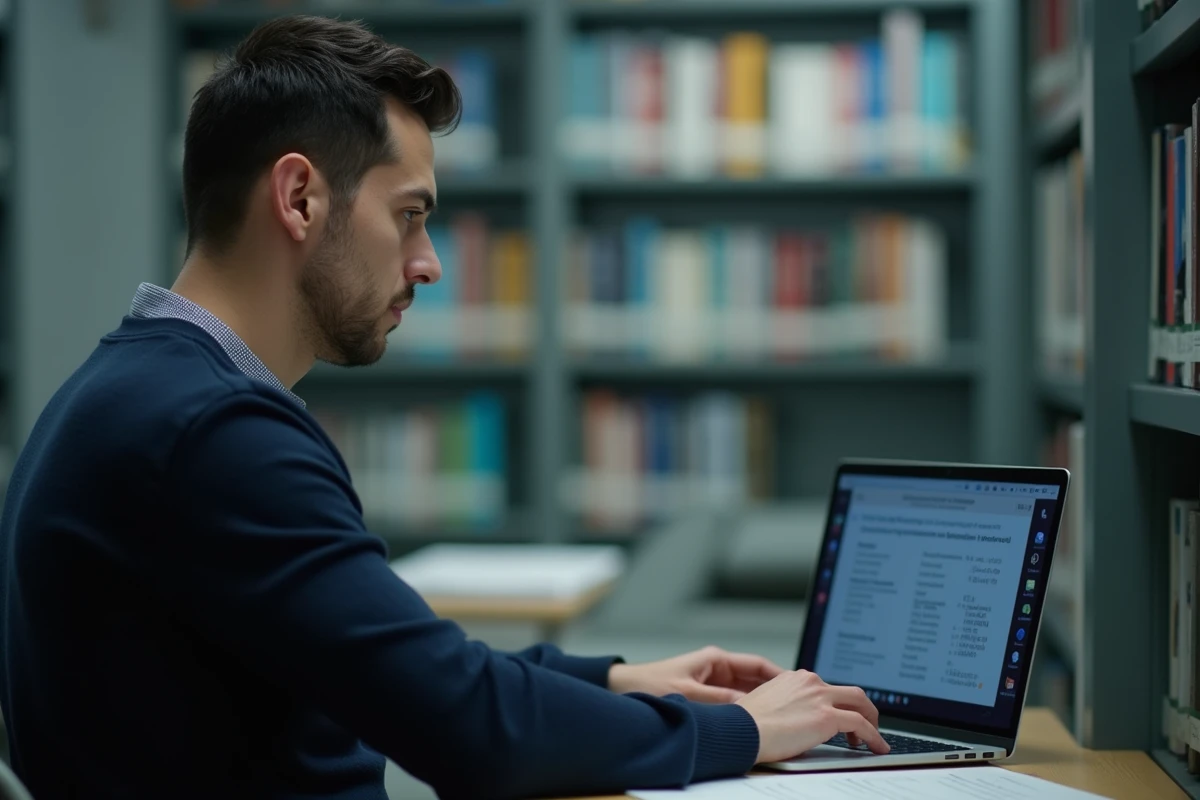 Homme en pull marine s'entraînant aux tests psychotechniques en ligne dans une bibliothèque universitaire