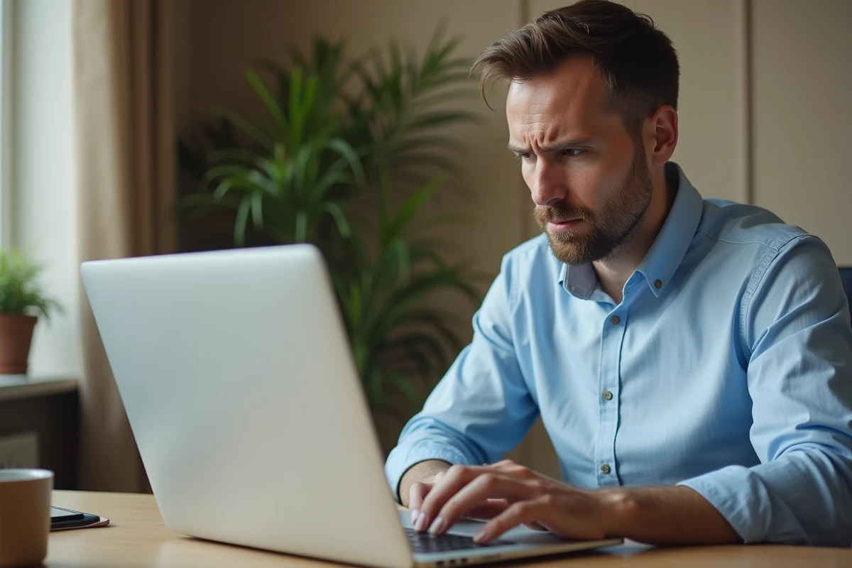 Homme frustré devant une erreur de l'application bancaire UBS ENT sur son ordinateur portable