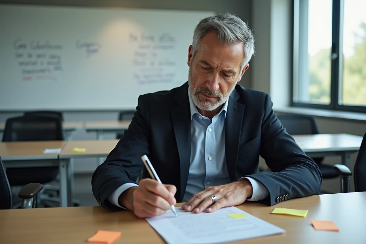 Homme analysant un essai philosophique en classe moderne
