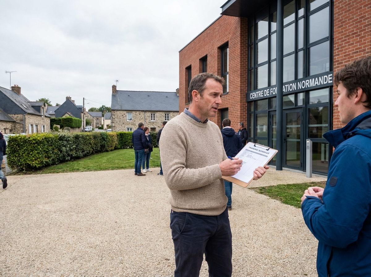 Homme discutant devant le centre de formation en Normandie