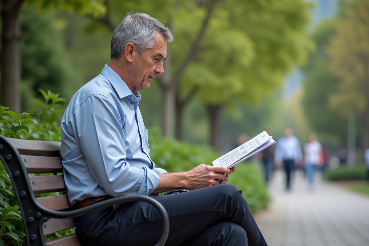 Homme lisant un manuel dans un parc urbain calme