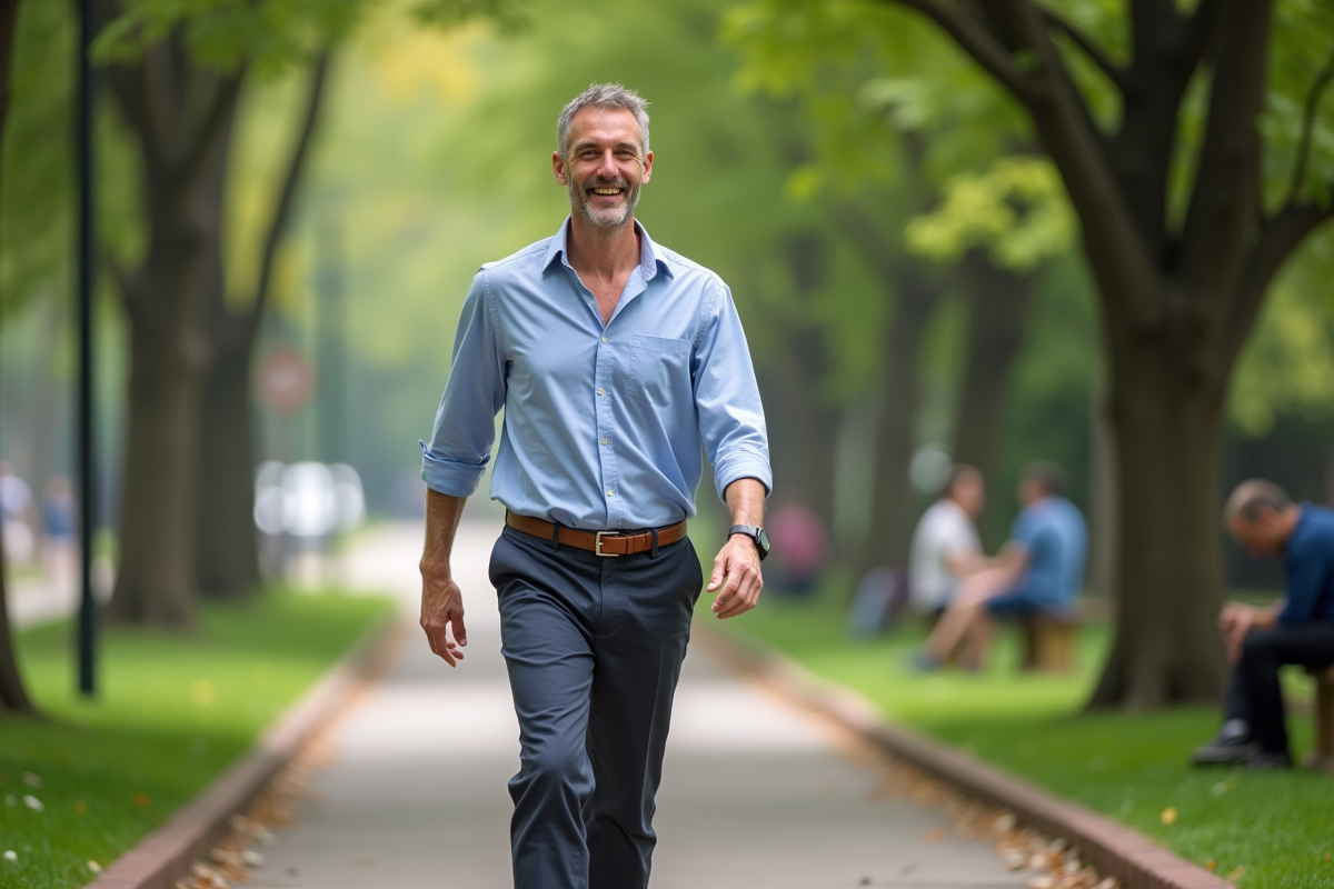 Homme souriant marchant dans un parc urbain en matinée
