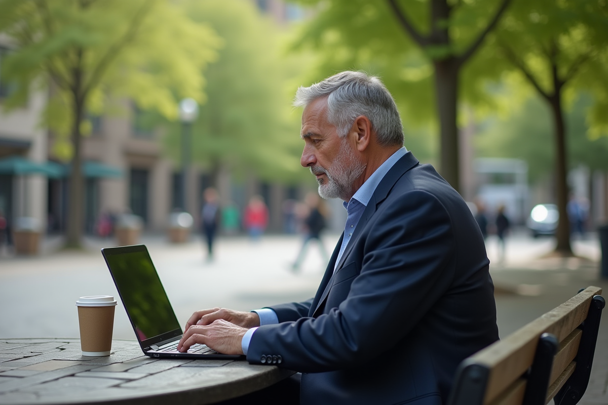 Homme d age mûr travaillant sur son ordinateur en parc