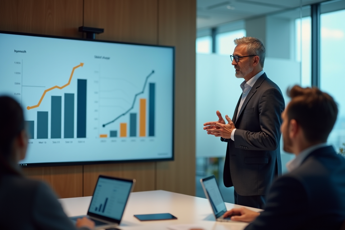 Homme en costume charbonneux présente des graphiques à ses collègues en réunion