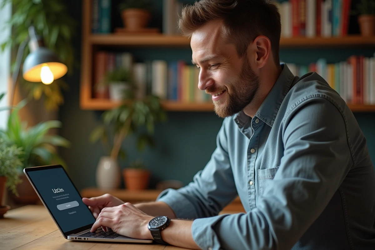 Homme souriant utilisant une tablette dans un bureau à domicile