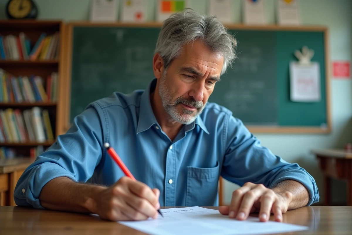 Homme vérifiant des exercices de grammaire dans une classe