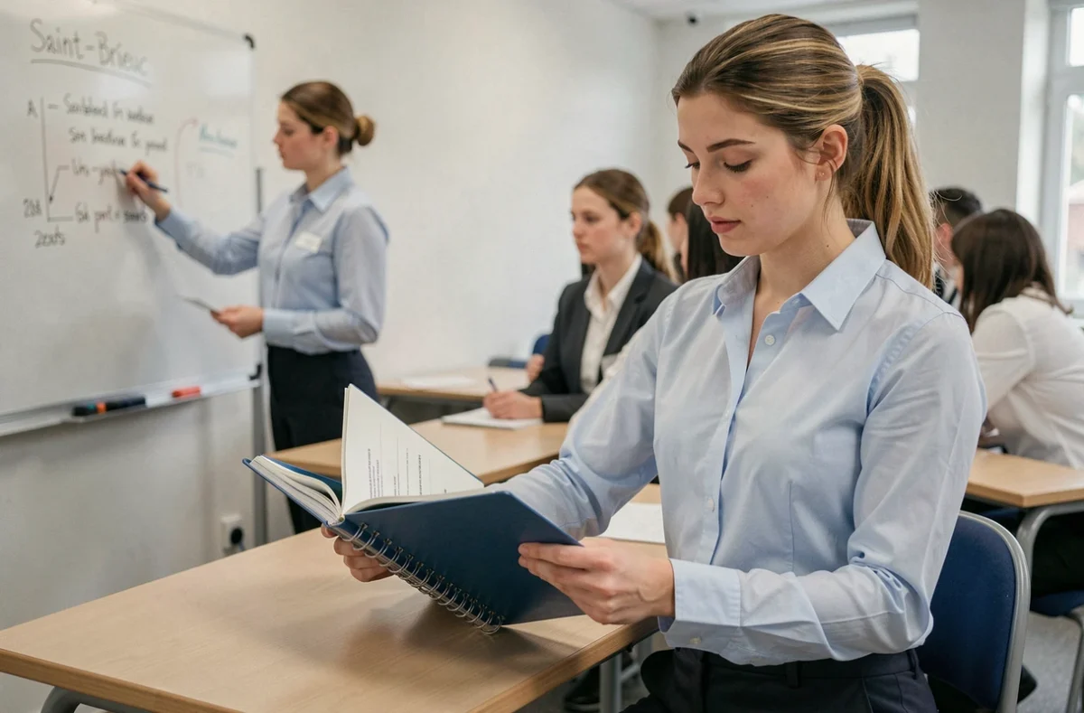 Alternante consultant un classeur de formation dans une salle de classe de l'IBEP Formation à Saint-Brieuc