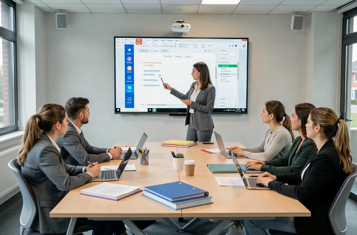 Alternante présentant un projet sur écran numérique dans une salle de cours moderne de l'IFOCOTEP à Rennes