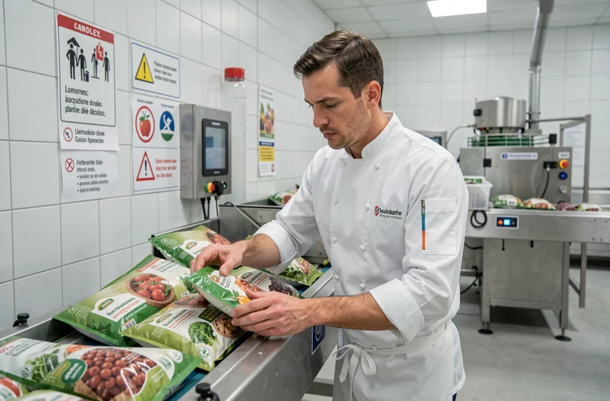 Stagiaire en formation agroalimentaire en alternance inspectant des produits frais dans un atelier de l'IFRIA Sud PACA