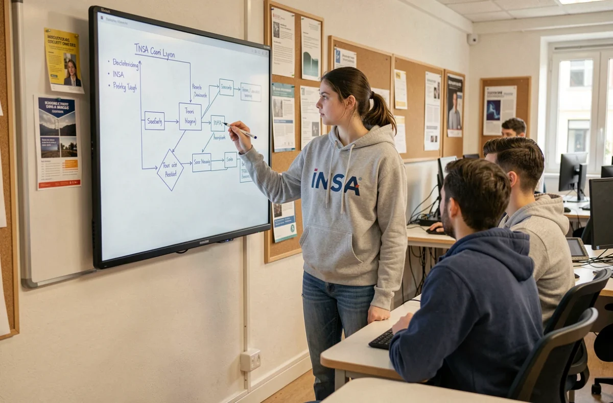 Une étudiante du département informatique de l'INSA Lyon annote un schéma d'architecture logicielle sur un tableau numérique