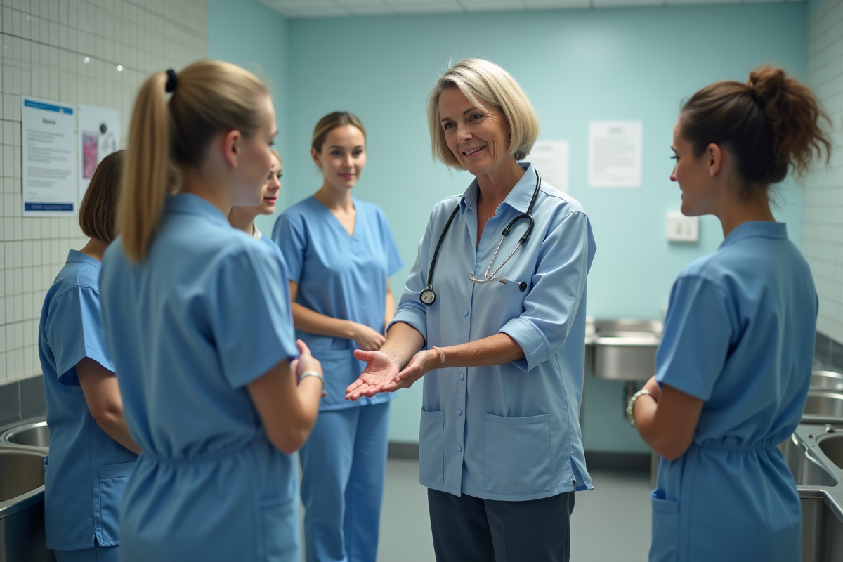 Instructrice en soins montrant l hygiène aux étudiants en formation